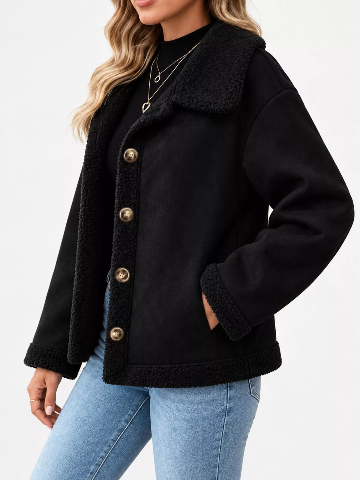 Full Size Cozy Faux Suede Sherpa-Lined Button-Down Jacket Plus Size