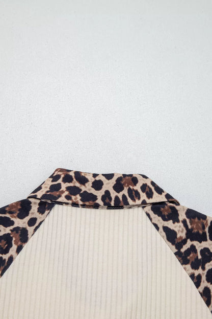 Ribbed Texture Button Down Leopard Patchwork Short Sleeve Shirt