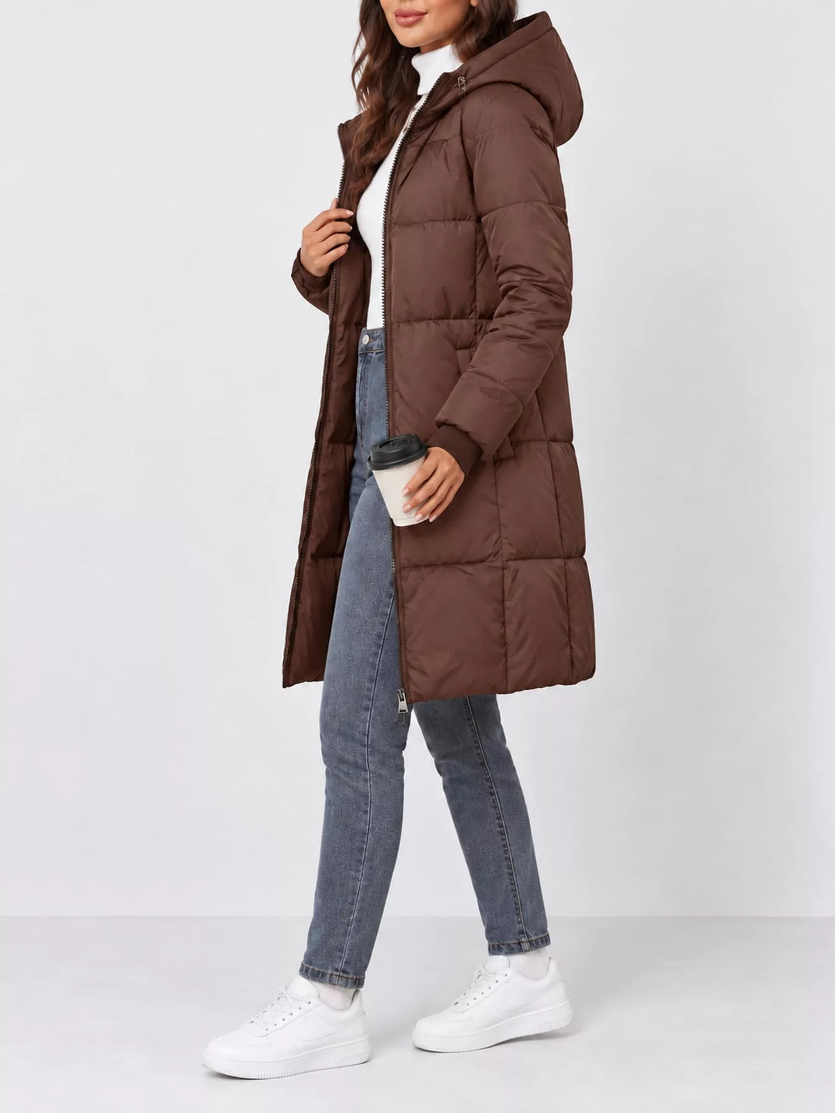Full Size Zip Up Hooded Longline Puffer Outerwear Plus Size