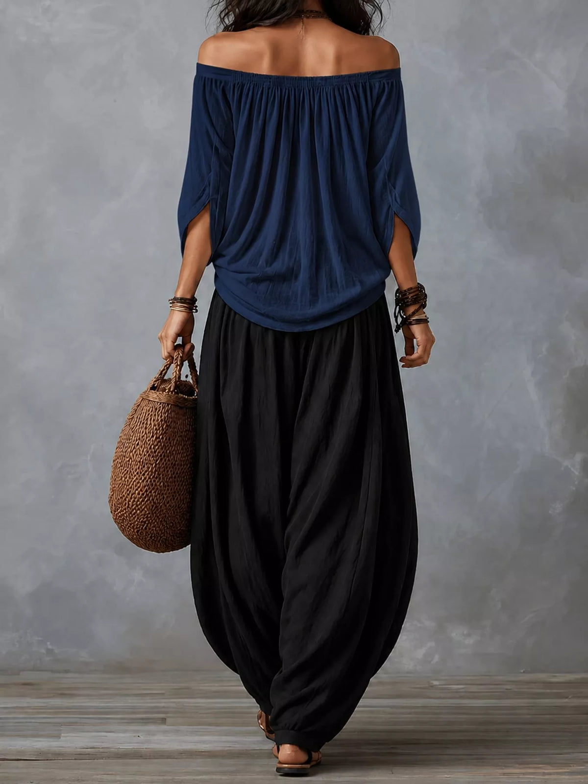 Full Size Off-Shoulder Top and Wide-Leg Harem Pants Set Plus Size
