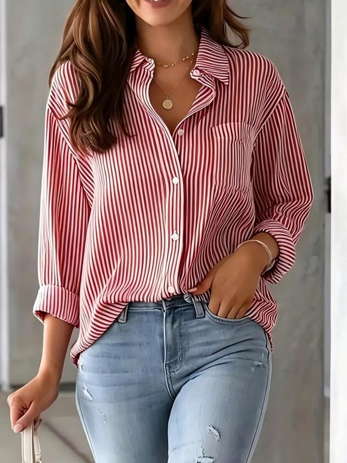 Full Size Striped Button-Down Long Sleeve Shirt Plus Size