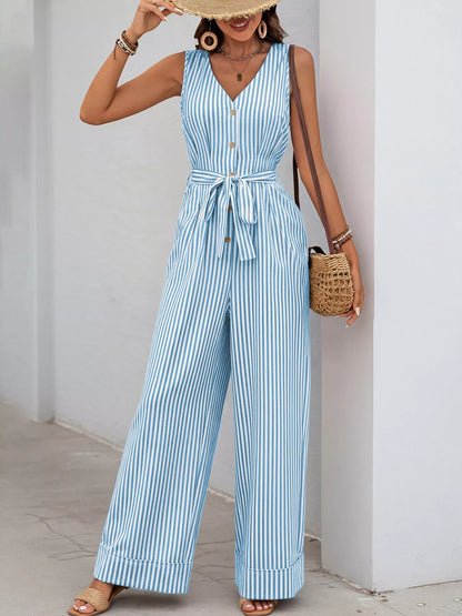 Sleeveless Striped V-Neck Jumpsuit
