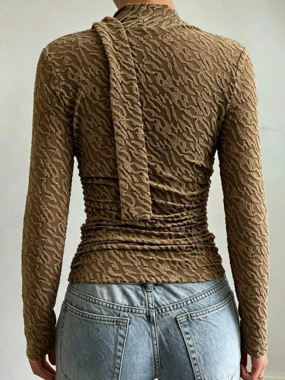 Textured Cowl Neck Long Sleeve Blouse with Scarf Detail