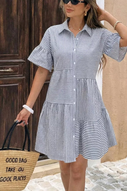 Striped Button-Up Ruffle Hem Mini Dress