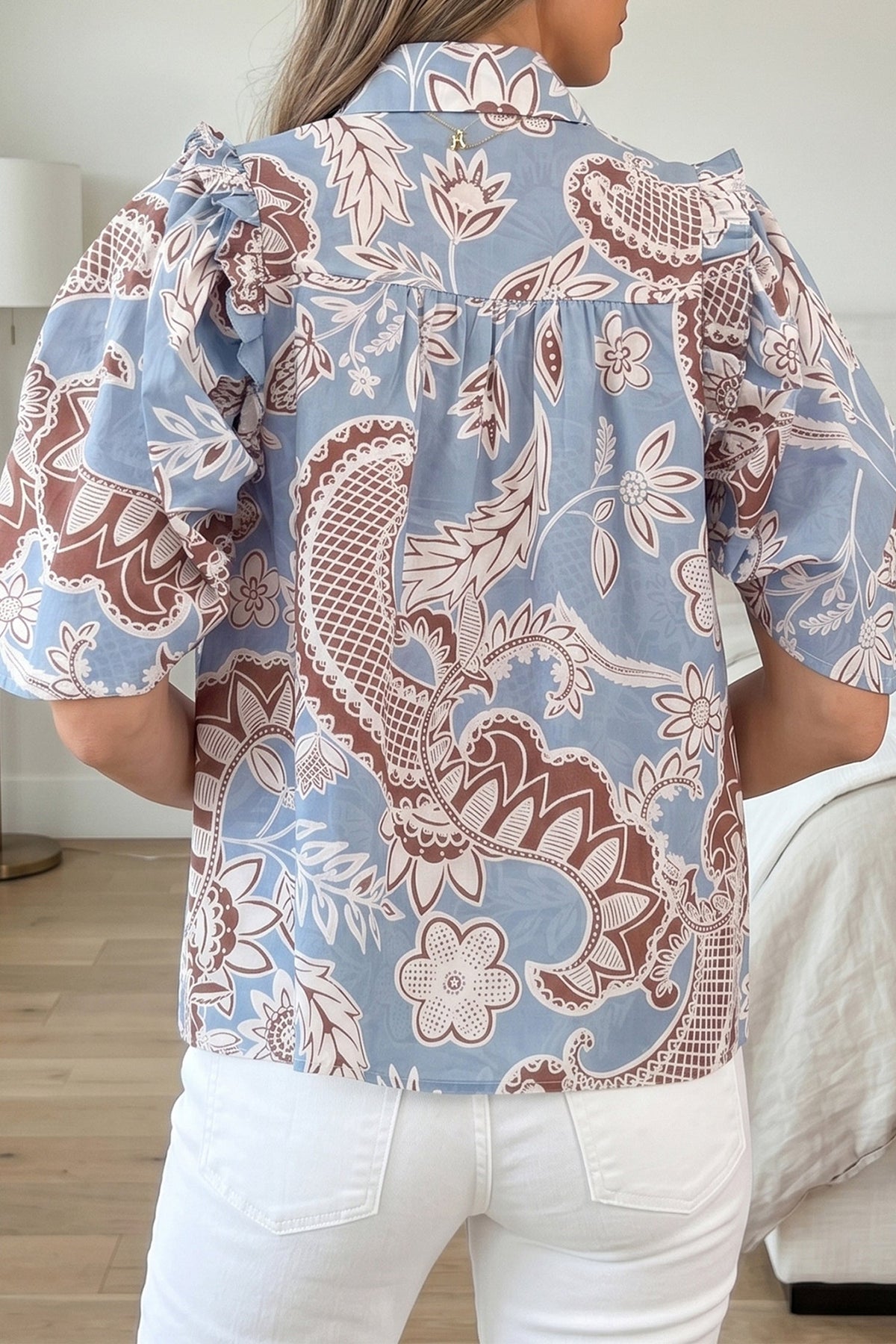 Sky Blue Boho Floral Print Scalloped Trim Button Down Short Sleeve Shirt