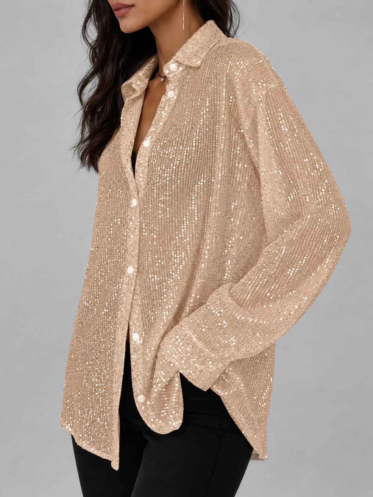 Full Size Sequin Button-Down Shirt Plus Size