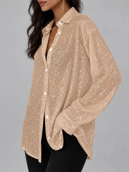 Full Size Sequin Button-Down Shirt Plus Size