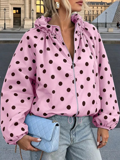 Polka Dot Zip Up Hooded Jacket