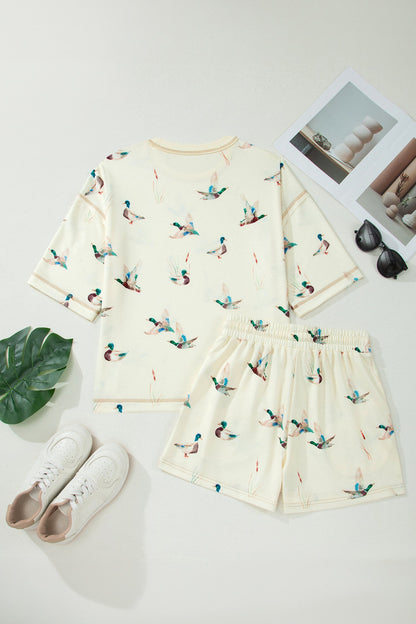 Beige Mallard Duck Print Oversized Tee Drawstring Short Set