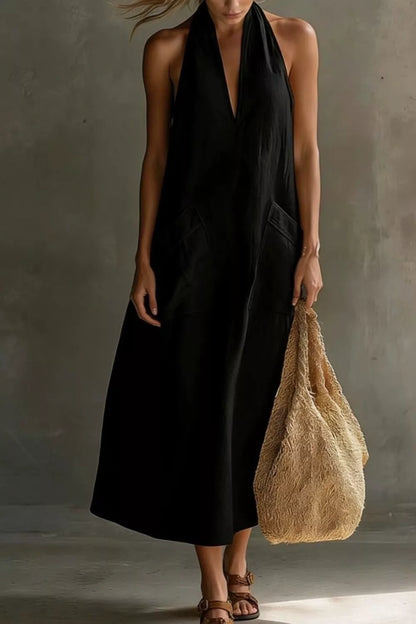 Casual Halter Neck Pocket Midi Dress