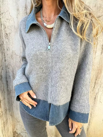 Contrast Denim Collar Half-Zip Knit Sweater