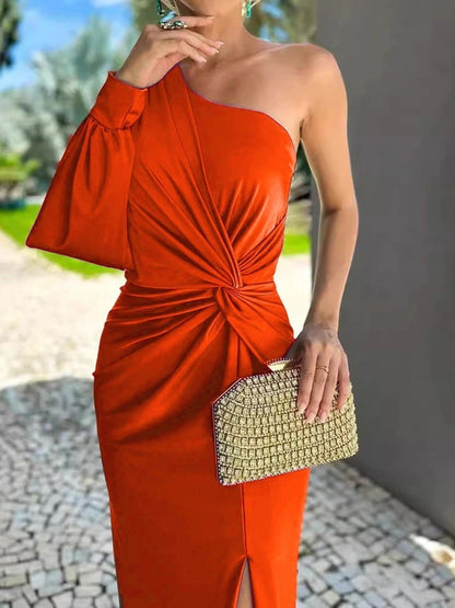 Full Size One-Shoulder Knot Detail Slit Maxi Dress Plus Size