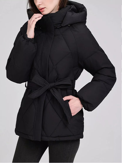 Quilted Waist Belt Hooded Puffer Outerwear