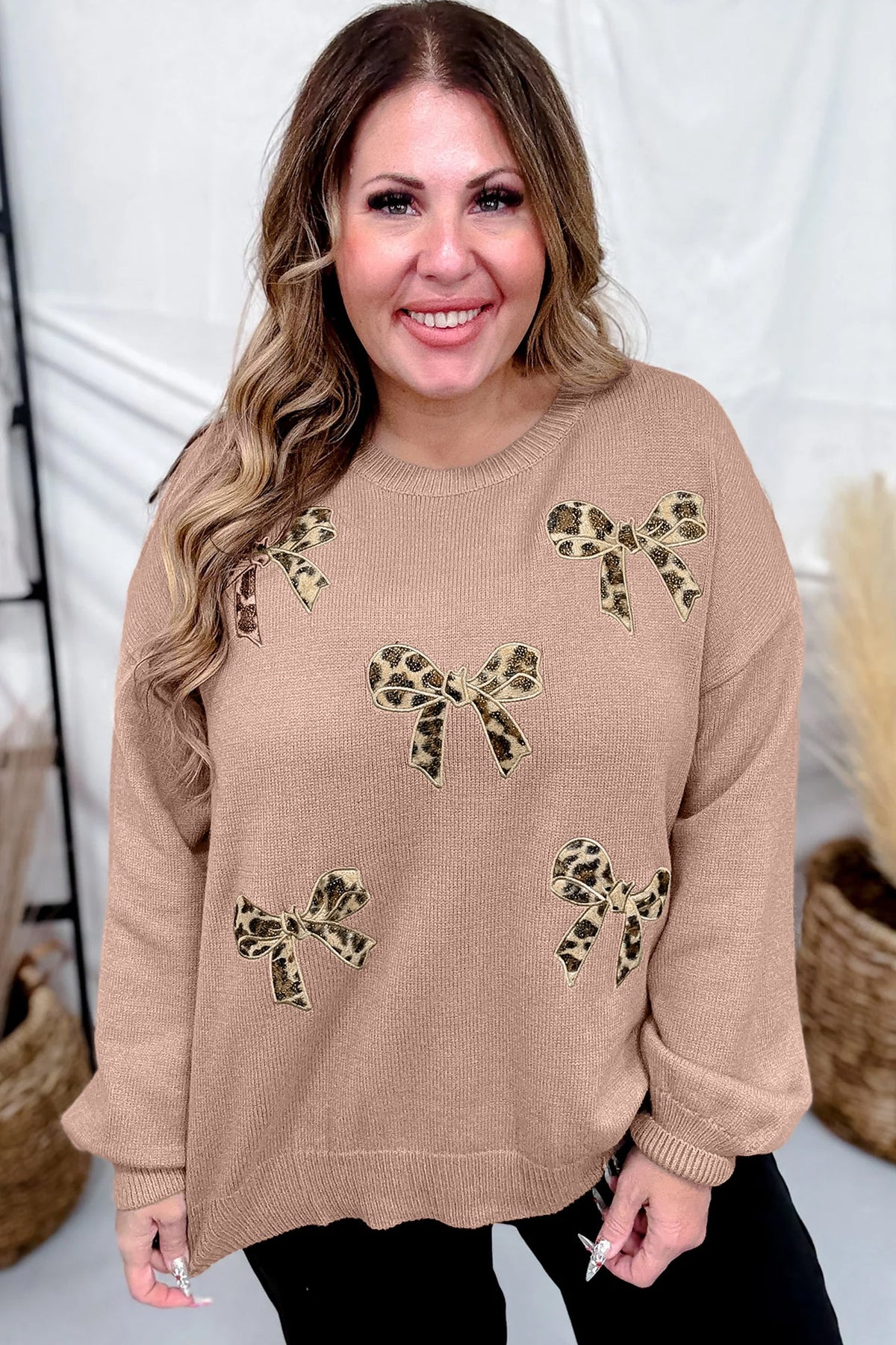 Dark Khaki Leopard Bow Embroidery Drop Shoulder Tunic Plus Size Sweater
