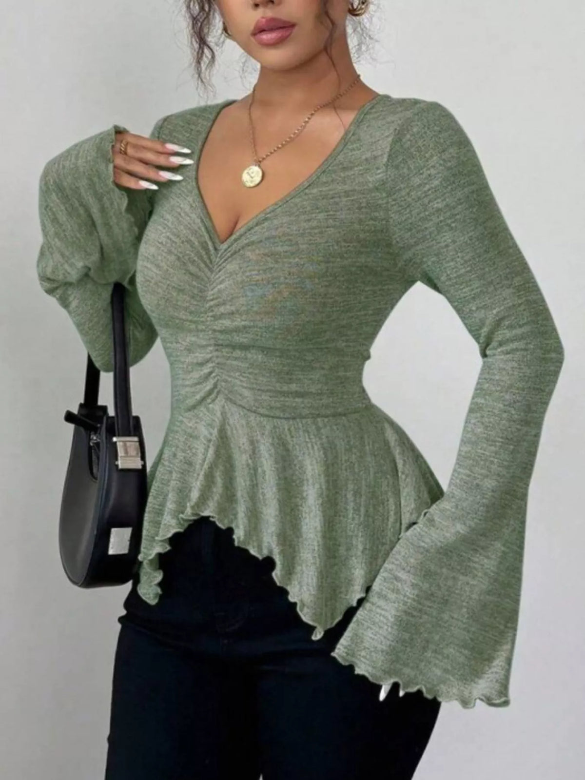 Ruched Flared Sleeves Peplum T-Shirt