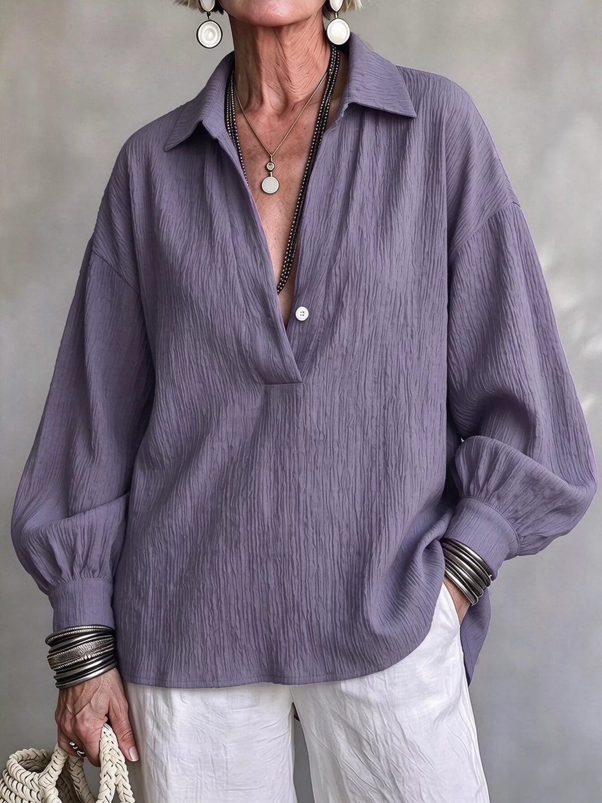 Full Size Textured Lantern Sleeves Blouse Plus Size
