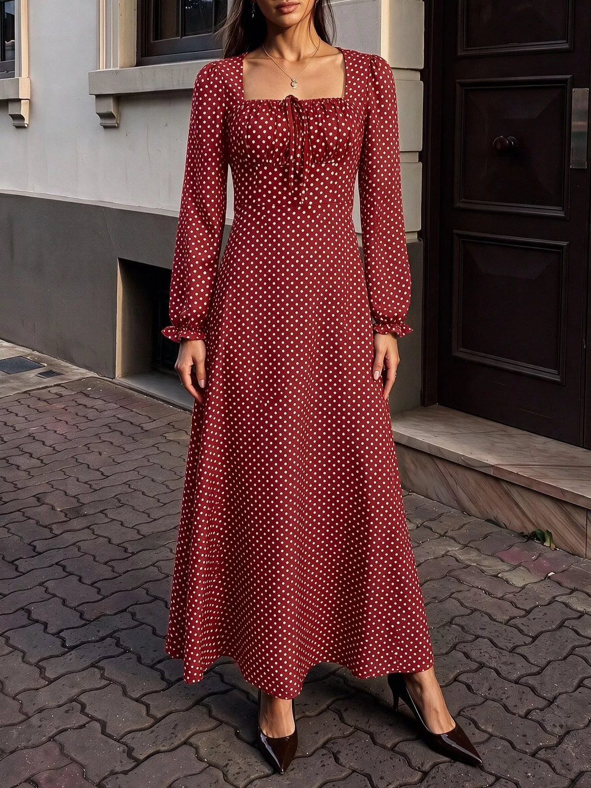 Square Neck Polka Dot Long Sleeve Maxi Dress