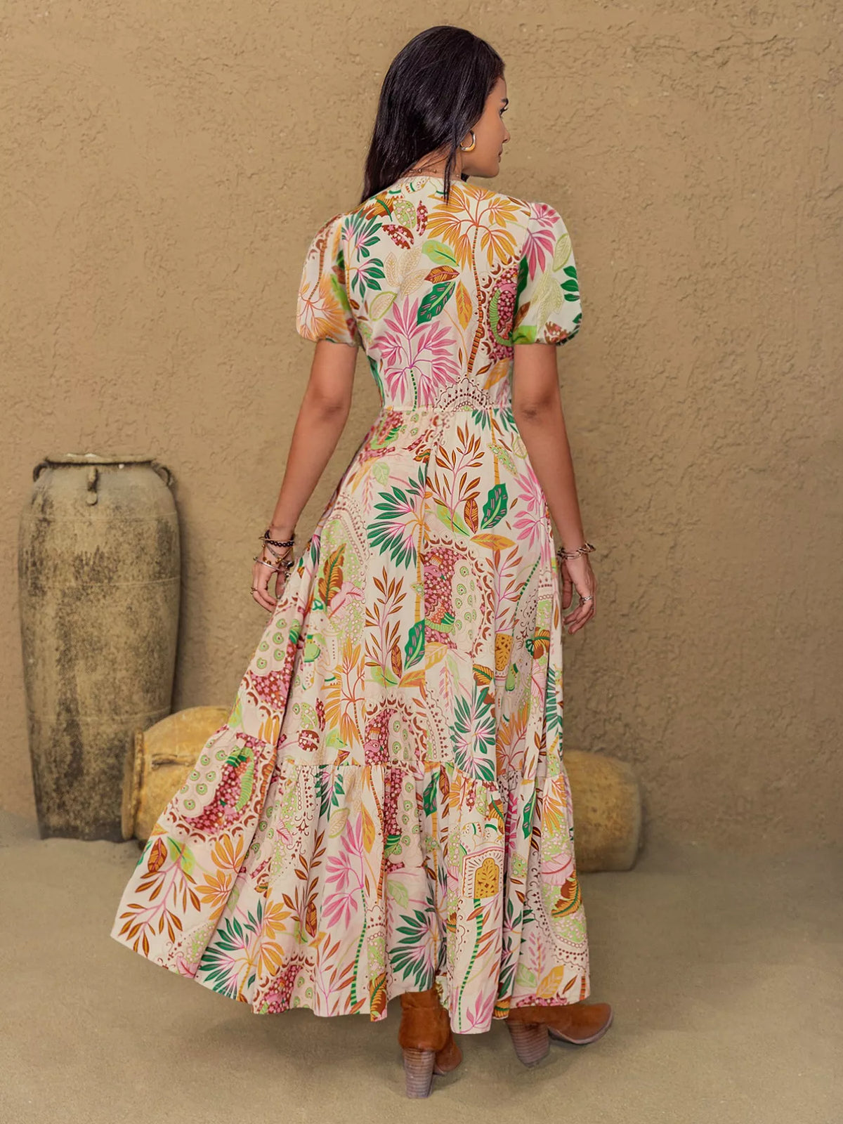 Lace Trim Floral Print Puff Sleeve Dress
