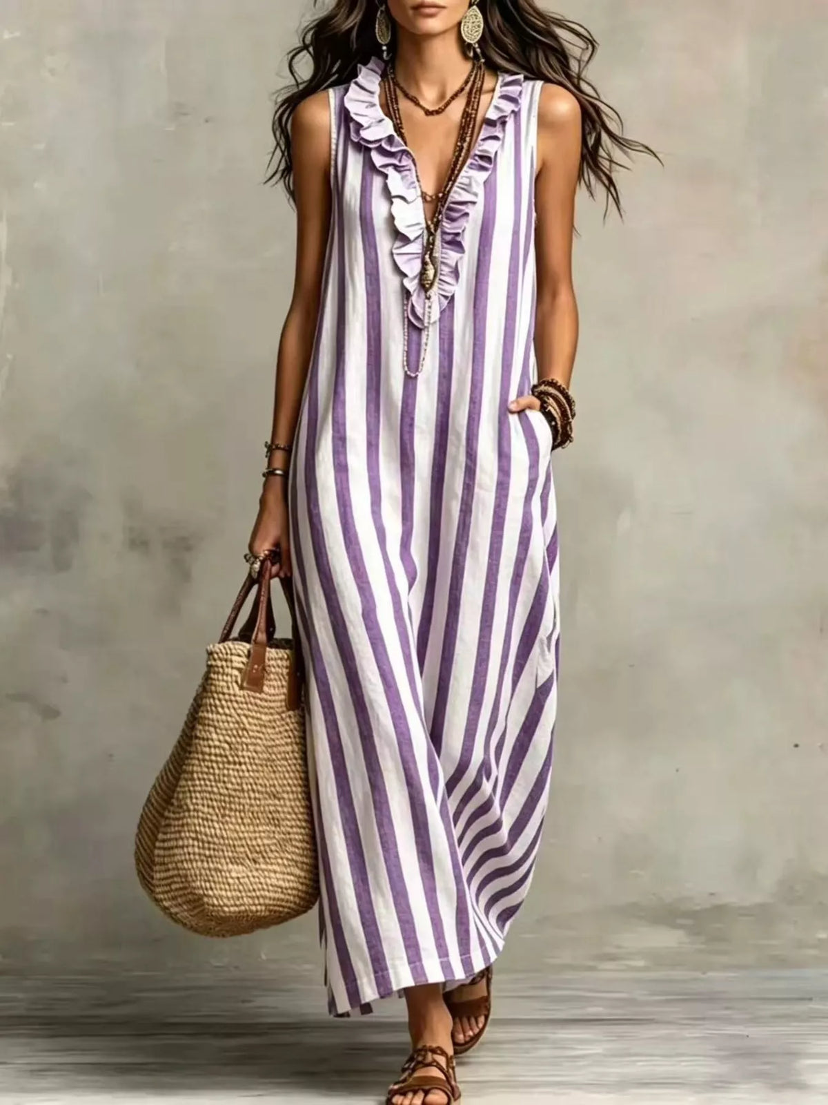 Plus Size Sleeveless Striped Ruffle Maxi Dress