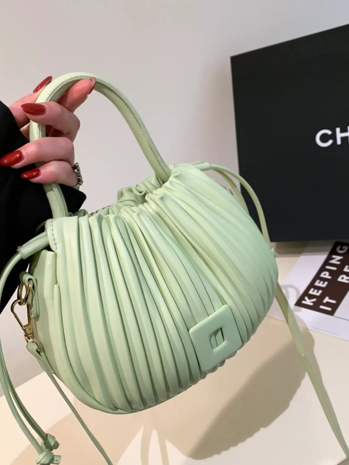 Pleated Bucket Crossbody Bag with