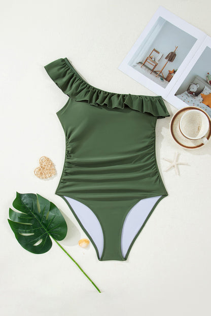 Color Black Solid Color Ruffle Trim Asymmetric Neck One Piece Swimsuit