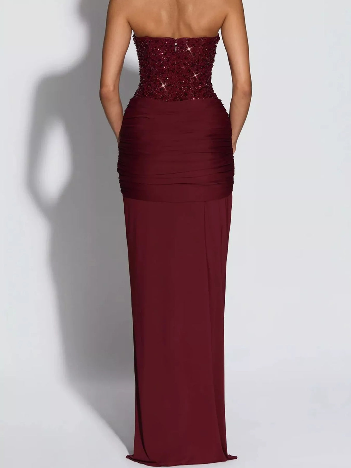 Elegant Strapless Sequin Corset Maxi Dress with Draped Waist Detail