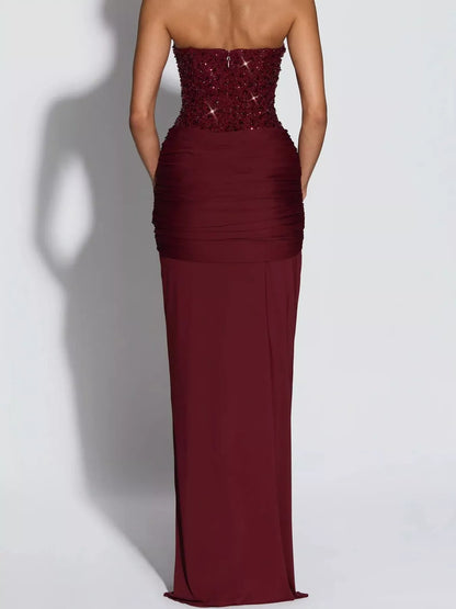 Elegant Strapless Sequin Corset Maxi Dress with Draped Waist Detail