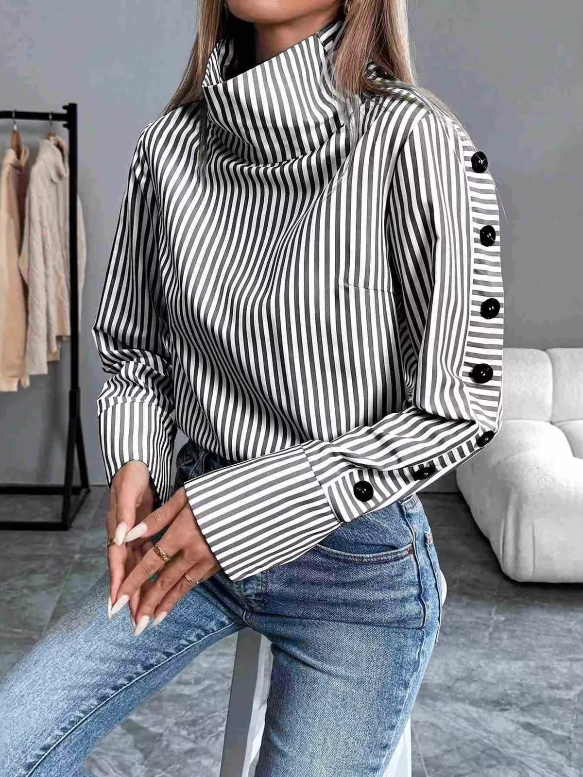 Striped Turtleneck Long Sleeve Blouse