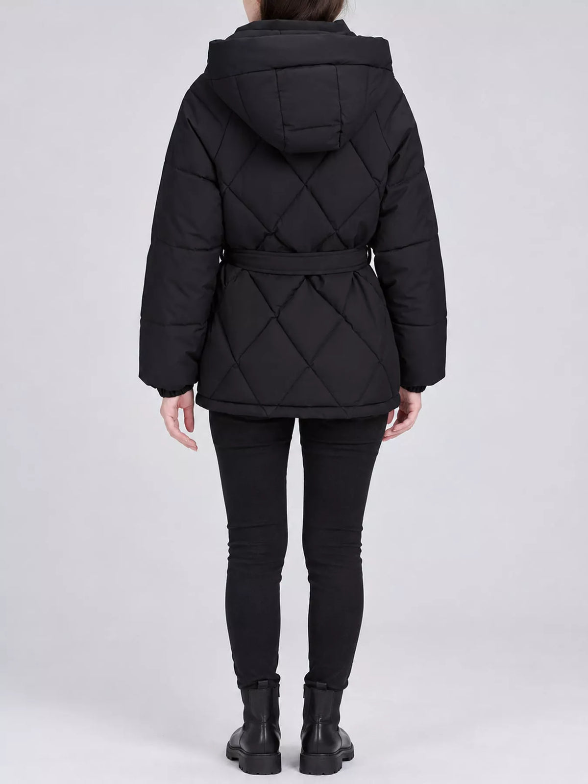 Quilted Waist Belt Hooded Puffer Outerwear