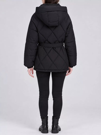 Quilted Waist Belt Hooded Puffer Outerwear