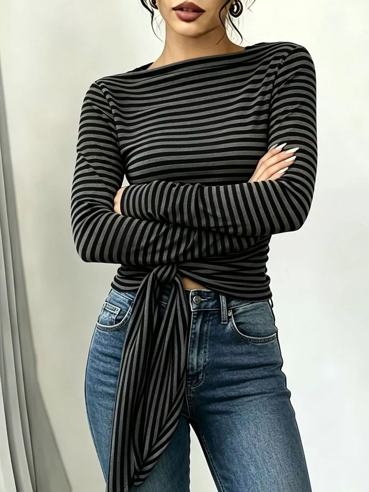 Long Sleeve Striped T-Shirt with Front Tie Detail