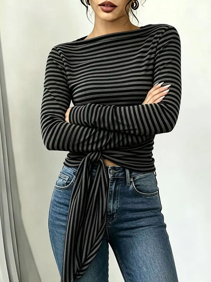 Long Sleeve Striped T-Shirt with Front Tie Detail