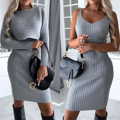Long-sleeved Sweater Top And Tight Suspender Skirt