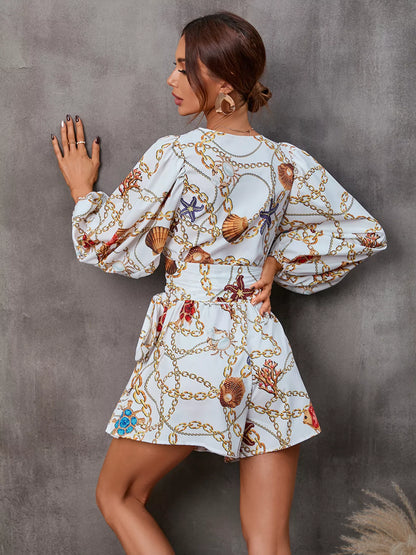 Cutout Front Printed Long Sleeve Romper
