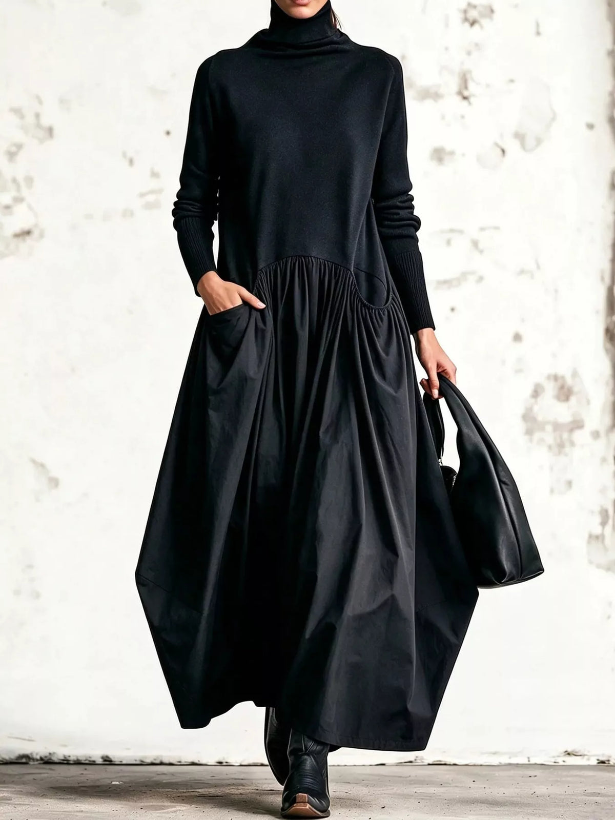 Turtleneck Maxi Dress with Long Sleeves and Pockets