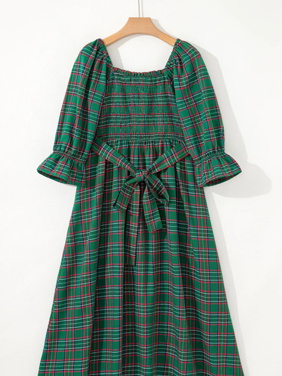 Plaid Square Neck Puff Sleeve Knot Waist Flared Midi Dress