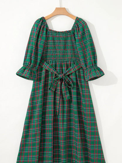 Plaid Square Neck Puff Sleeve Knot Waist Flared Midi Dress