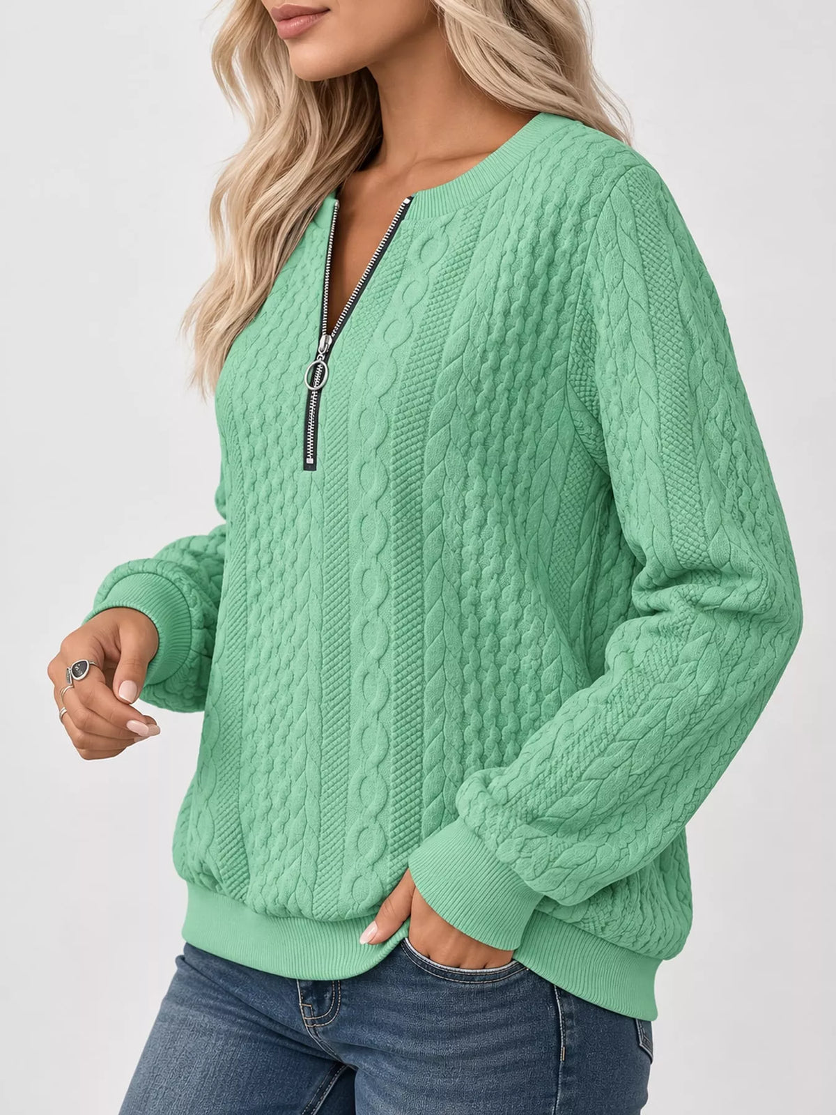 Full Size Quarter-Zip Cable Knit Sweatshirt Plus Size