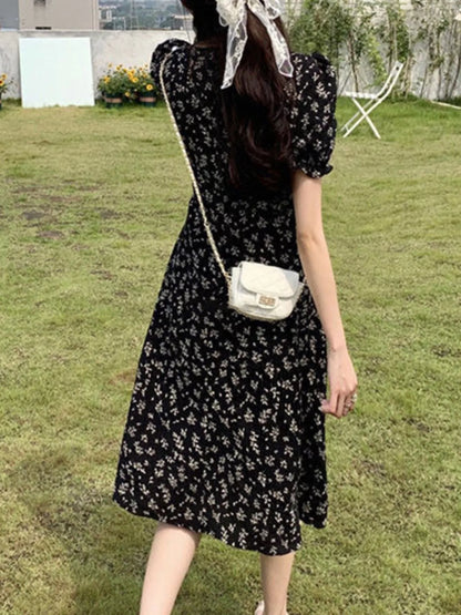 Floral Print Puff Sleeve Midi Dress