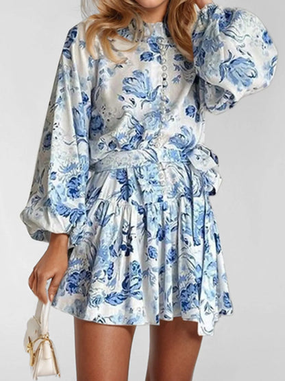 Full Size Floral Print Tie Waist Mini Dress Plus Size