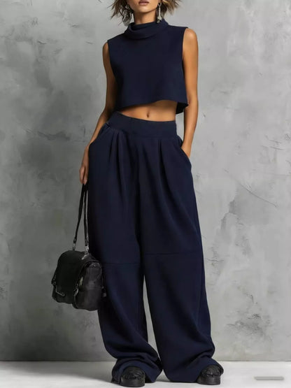 Sleeveless Mock Neck Crop Top and Wide-Leg Sweatpants Set