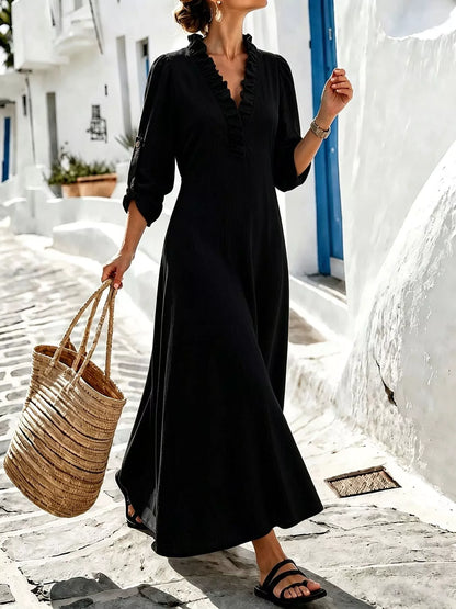 Plus Size V-Neck Maxi Dress with Roll-Up Sleeves