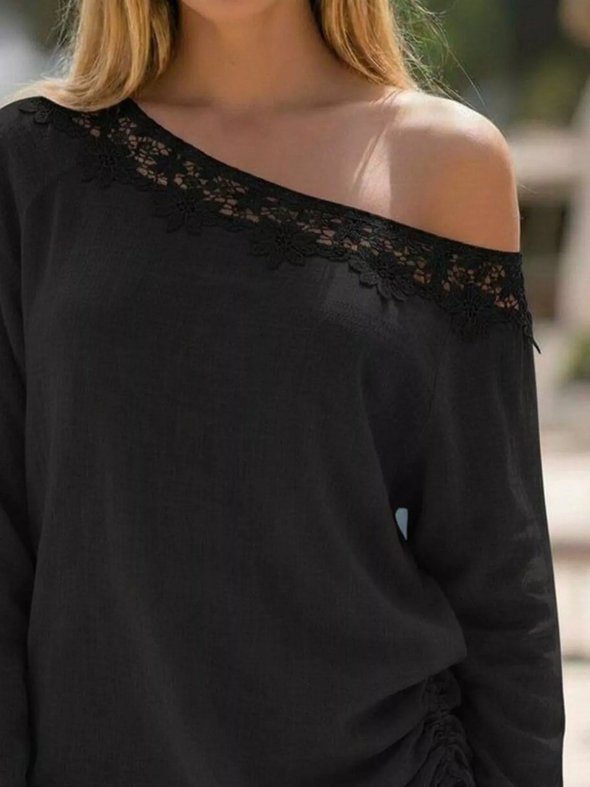 Lace Trim One Shoulder Ruched Top