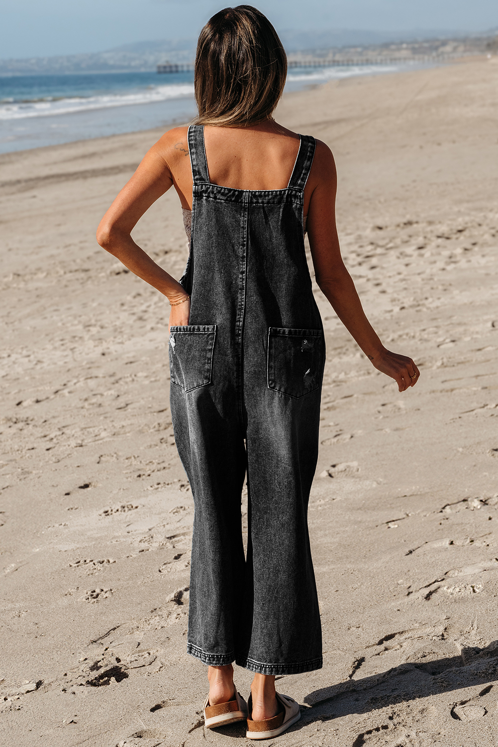 Stone Blue Distressed Bib Pocket Wide Leg Denim Overall