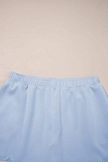 Beau Blue Puff Sleeve Pearl Embellished Scallop Trim Top 2 Piece Skort Set