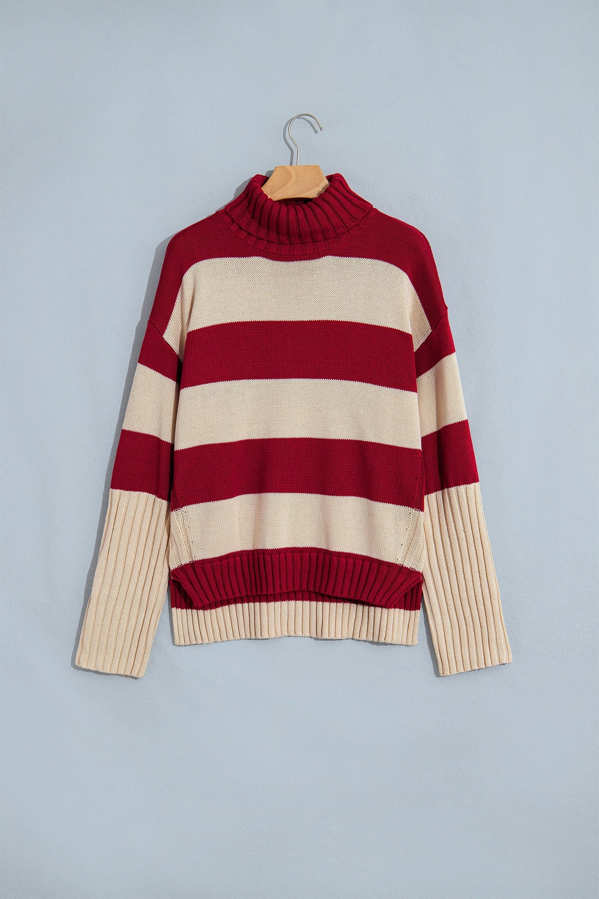 Red Stripe Ribbed Trim High Neck Relaxed Pullover Sweater