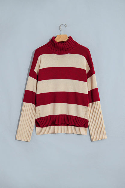 Red Stripe Ribbed Trim High Neck Relaxed Pullover Sweater