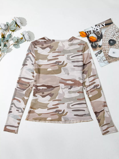 Camouflage Print Mesh Long Sleeve Top