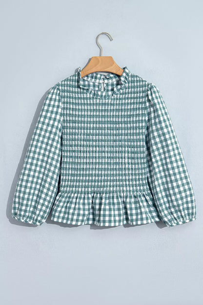 3/4 Sleeve Shirred Plaid Peplum Top