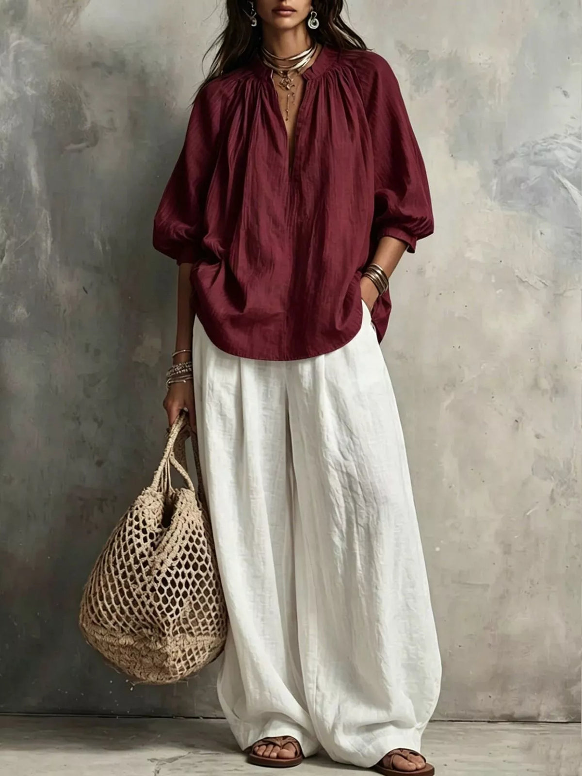 Notched Blouse and Wide-Leg Pants Set